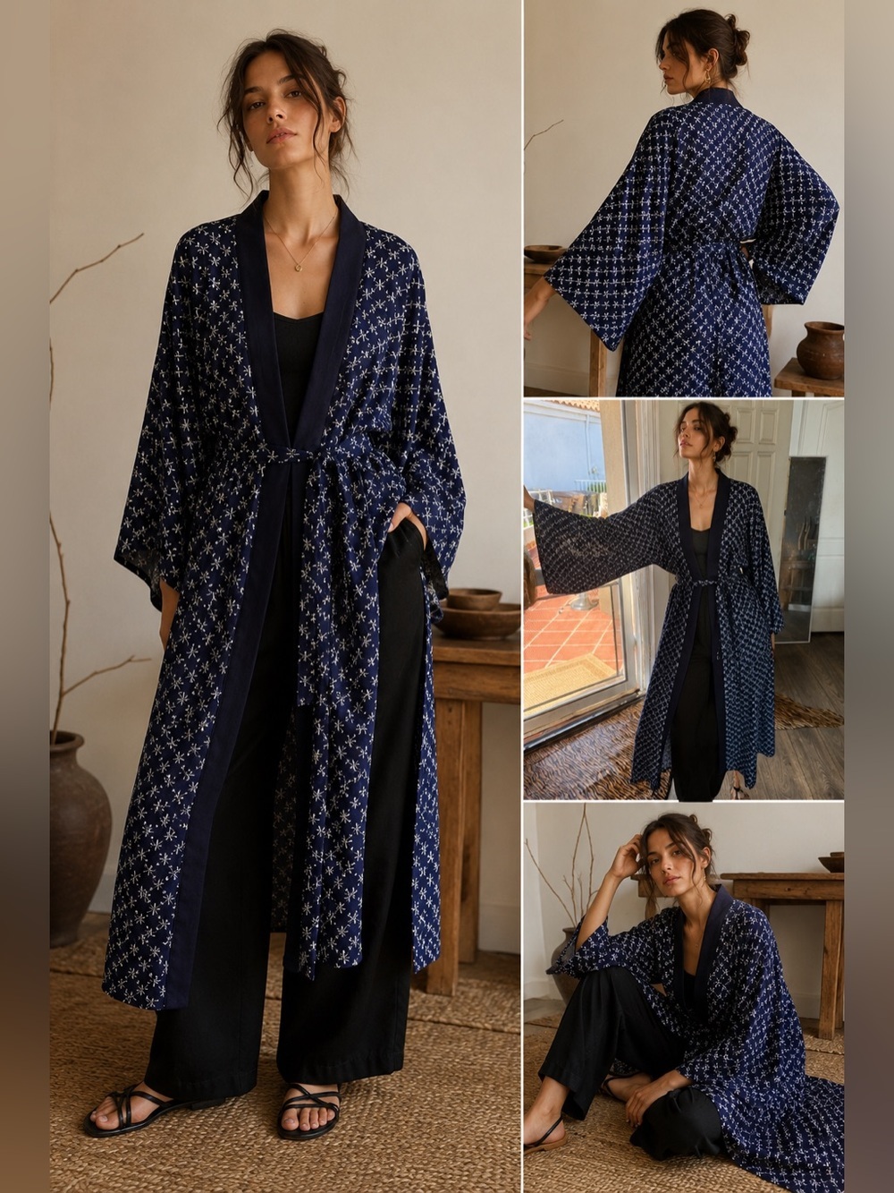 Vintage Japanese Style Kimono Robe Navy Indigo Print Belted Maxi Duster Boho